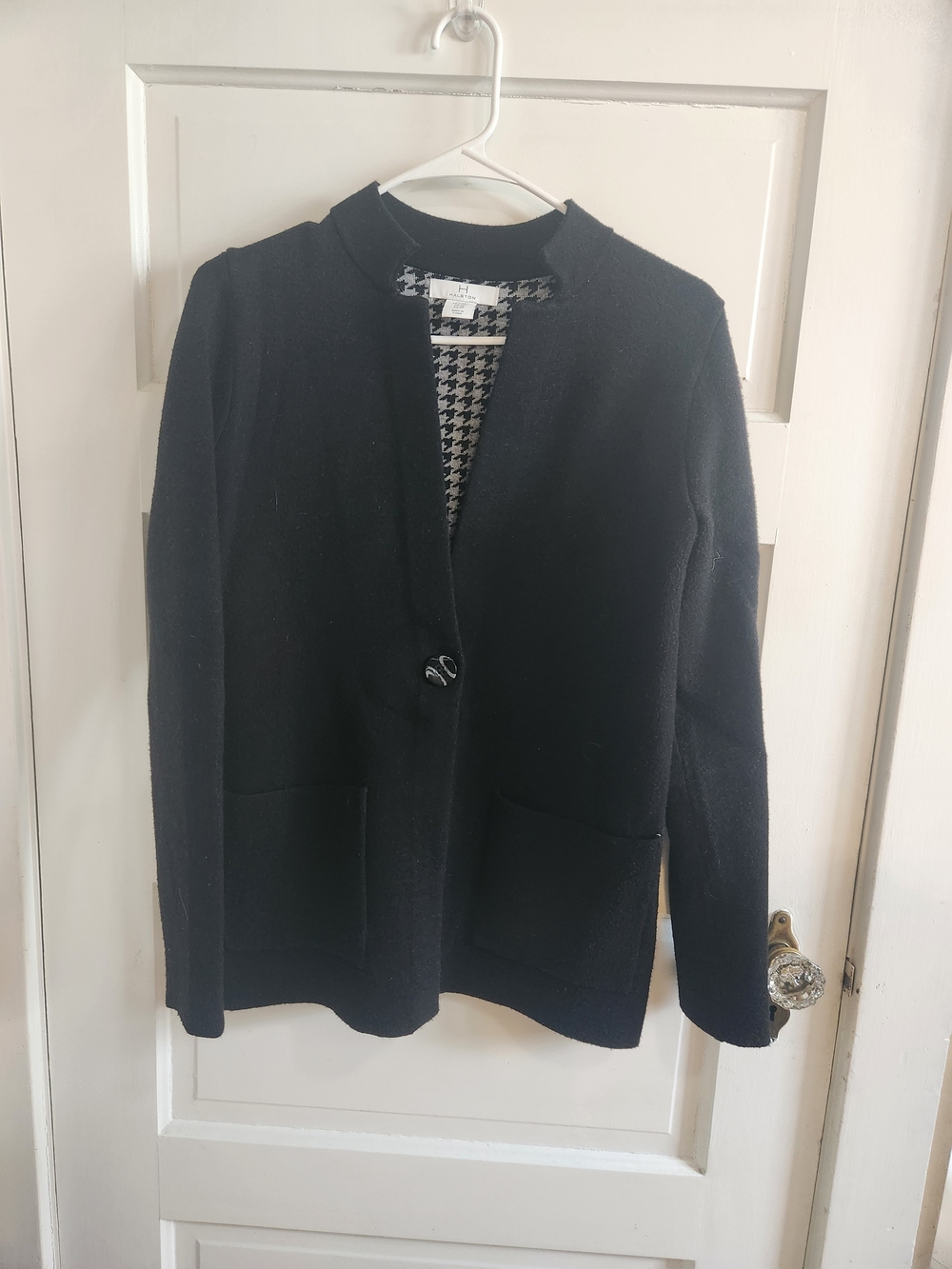 Halston Black Houndstooth Open Front Jacket Cardigan XS